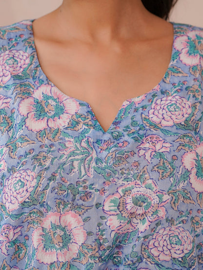 Knee-Length Cotton Tassel Kaftan Light Blue