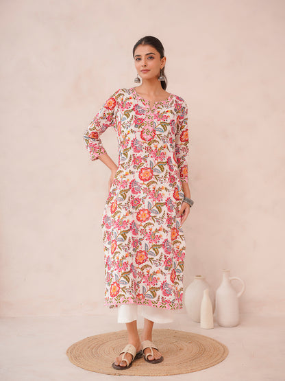 Cotton Block Printed Long Kurta Multicolor
