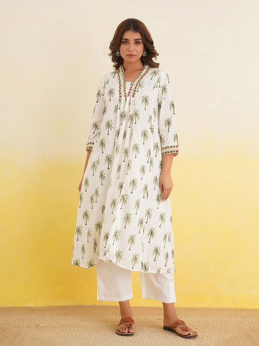 Block-Printed Cotton Mughal A-Line Kurta Palm Tree
