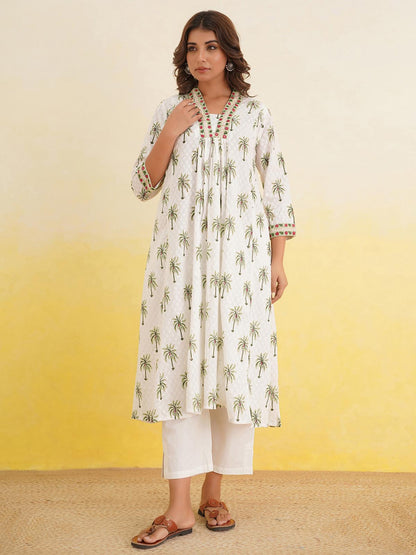 Block-Printed Cotton Mughal A-Line Kurta Palm Tree