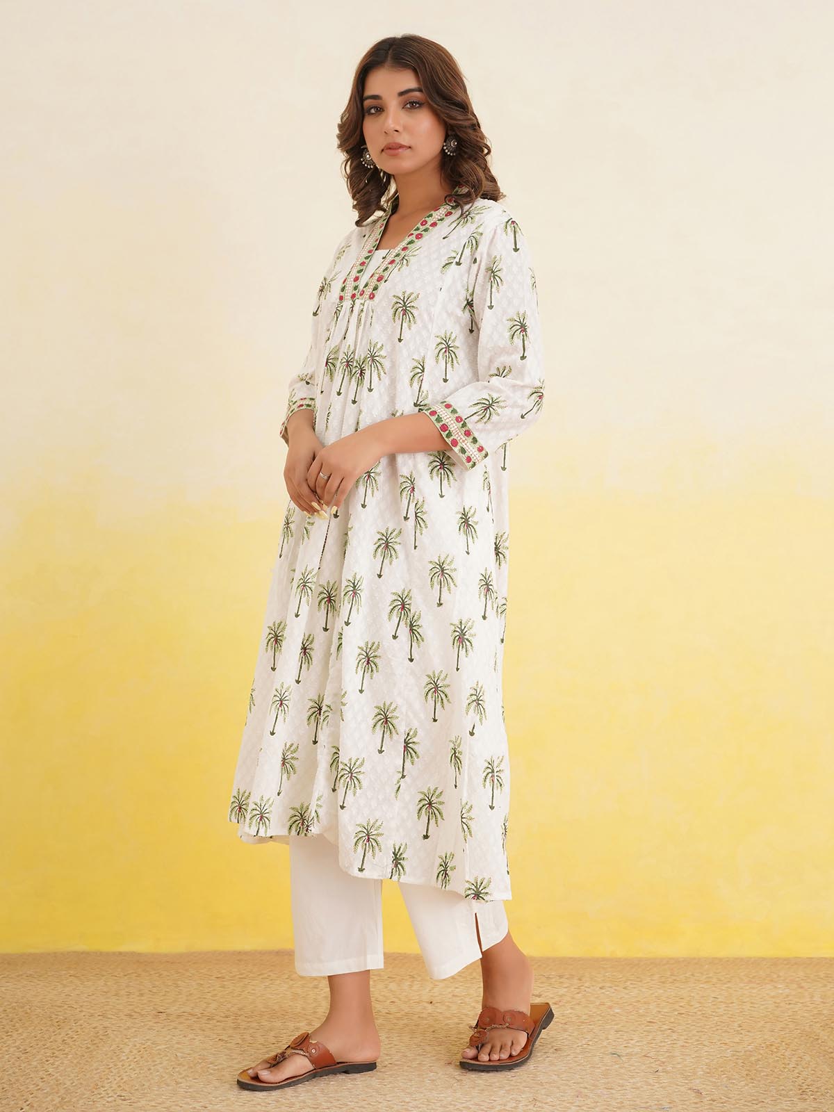 Block-Printed Cotton Mughal A-Line Kurta Palm Tree