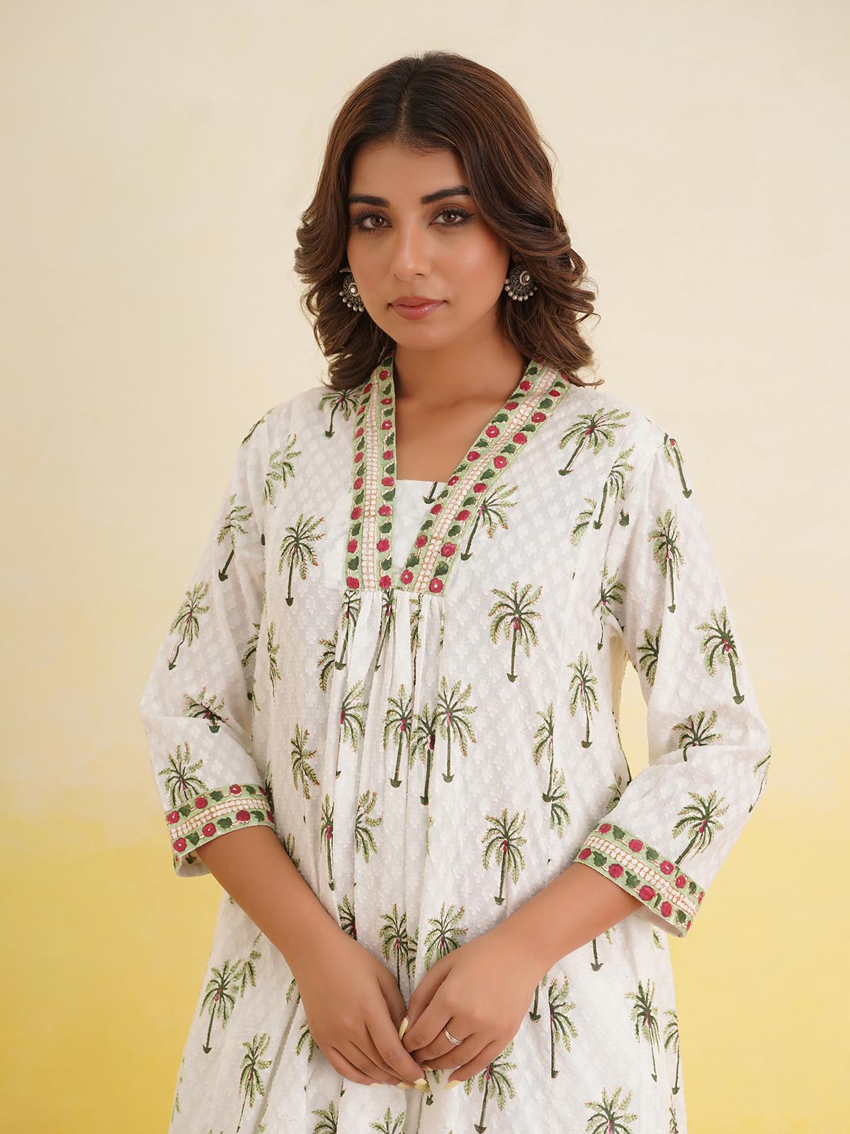 Block-Printed Cotton Mughal A-Line Kurta Palm Tree