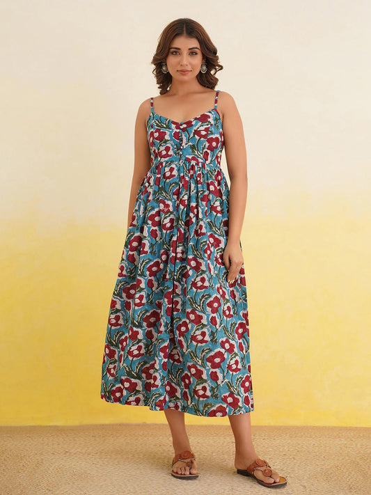 V-Neck Long Strappy Dress Turquoise