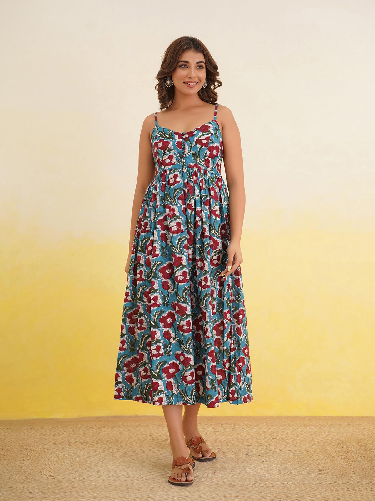 V-Neck Long Strappy Dress Turquoise