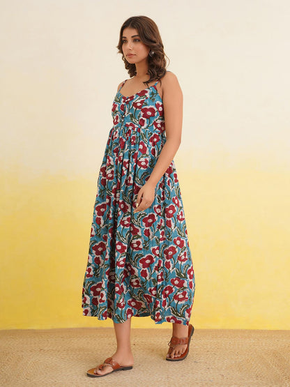 V-Neck Long Strappy Dress Turquoise