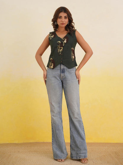 Sleeveless Cotton Block Printed Kothi Top Indigo