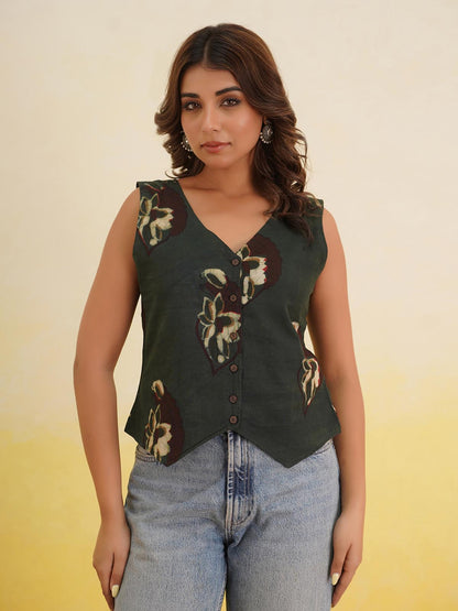 Sleeveless Cotton Block Printed Kothi Top Indigo