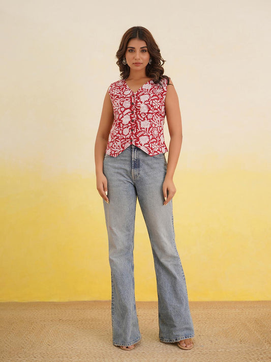 Sleeveless Cotton Block Printed Kothi Top Red