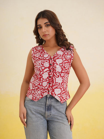 Sleeveless Cotton Block Printed Kothi Top Red