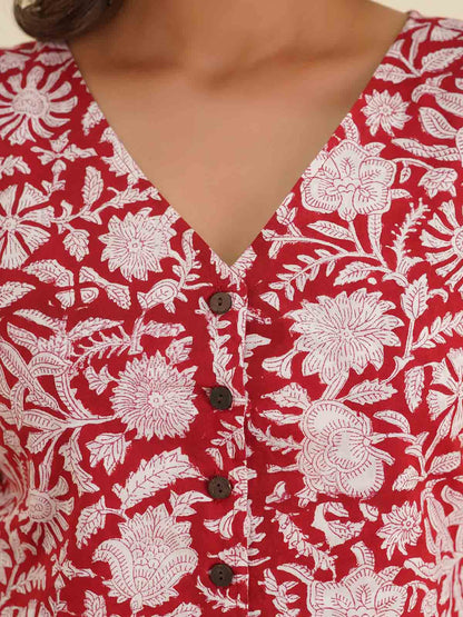 Sleeveless Cotton Block Printed Kothi Top Red