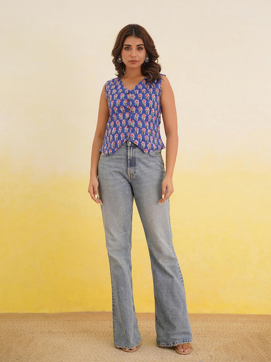 Sleeveless Cotton Block Printed Kothi Top Blue