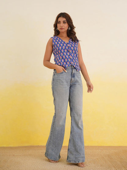 Sleeveless Cotton Block Printed Kothi Top Blue