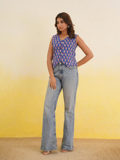 Sleeveless Cotton Block Printed Kothi Top Blue