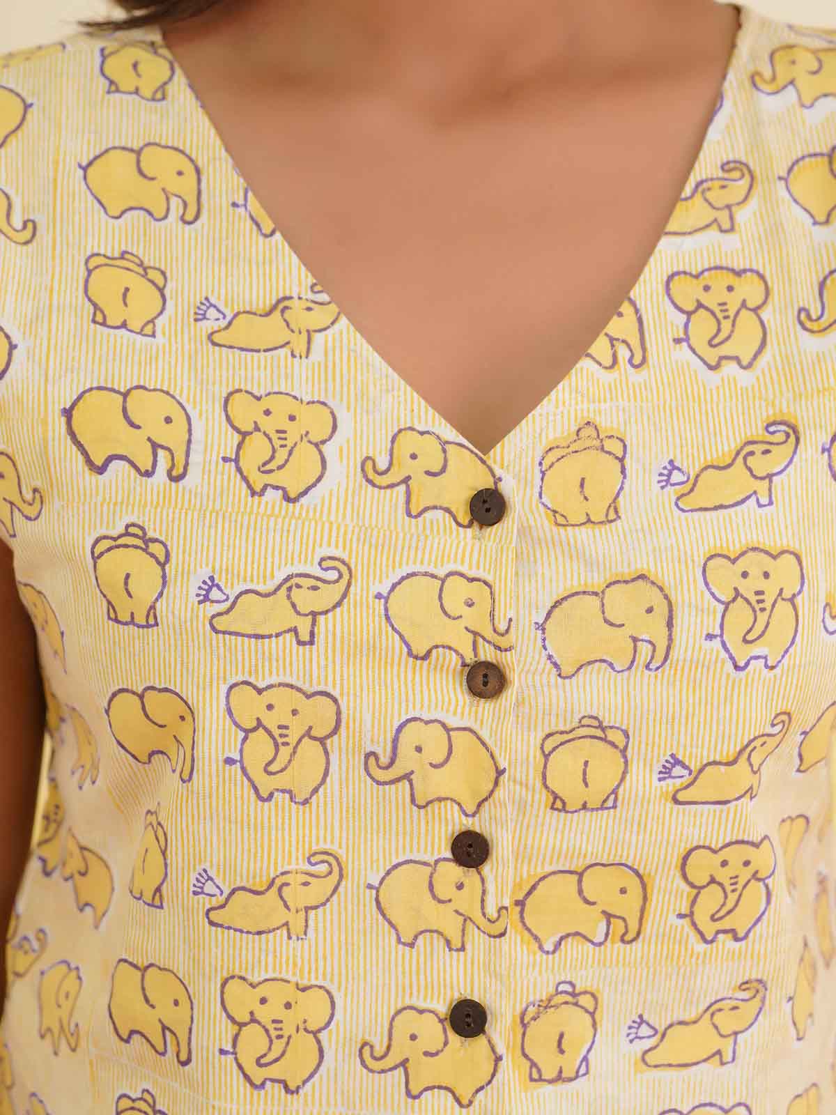 Sleeveless Cotton Block Printed Kothi Top Yellow