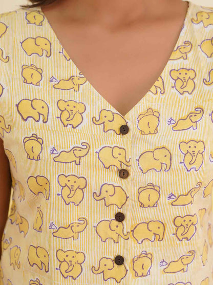 Sleeveless Cotton Block Printed Kothi Top Yellow