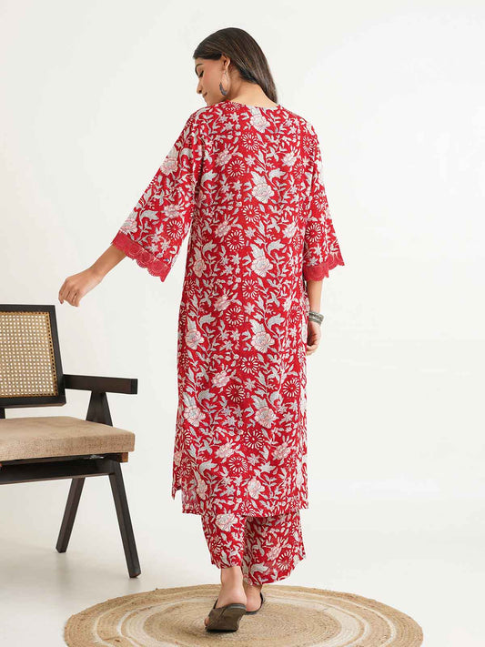 Block Printed Cotton Kurta Pant Bagiya Set Cherry Red