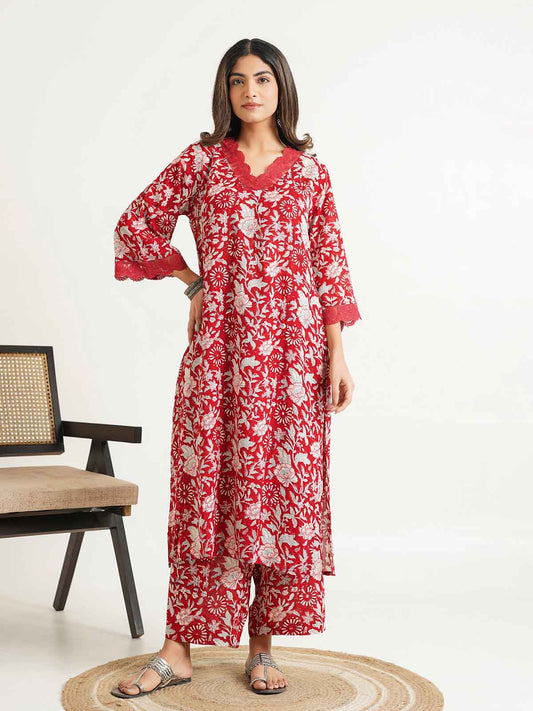 Block Printed Cotton Kurta Pant Bagiya Set Cherry Red