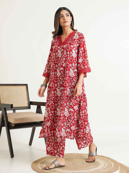 Block Printed Cotton Kurta Pant Bagiya Set Cherry Red