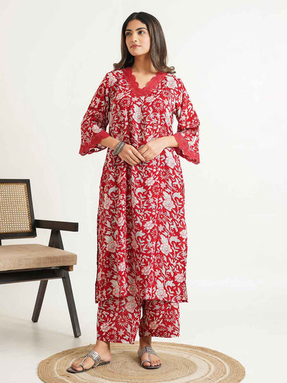 Block Printed Cotton Kurta Pant Bagiya Set Cherry Red