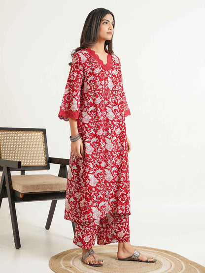 Block Printed Cotton Kurta Pant Bagiya Set Cherry Red