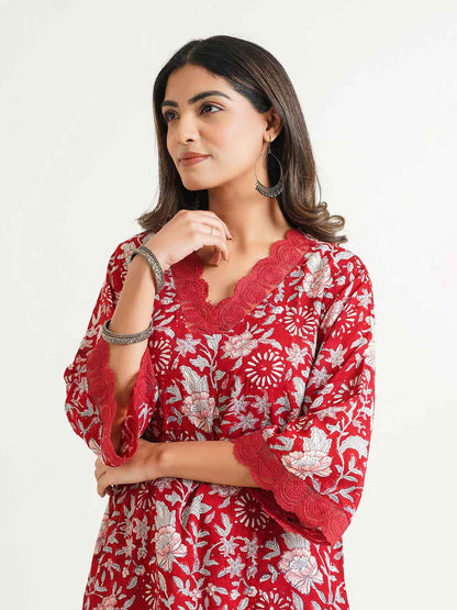 Block Printed Cotton Kurta Pant Bagiya Set Cherry Red