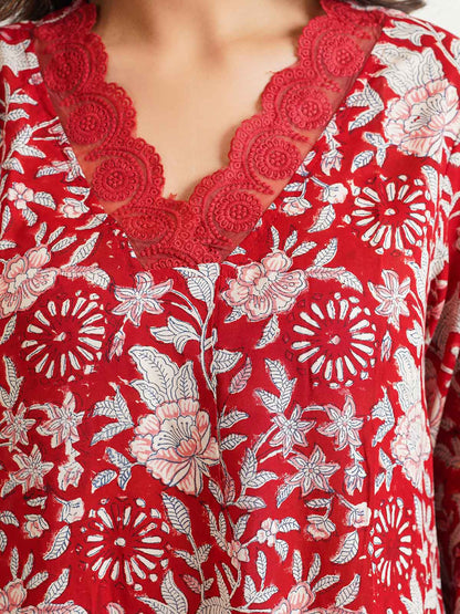 Block Printed Cotton Kurta Pant Bagiya Set Cherry Red