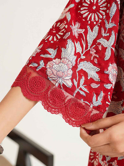 Block Printed Cotton Kurta Pant Bagiya Set Cherry Red