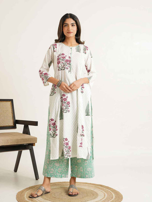 Block Printed A-Line Cotton Kurta Pant Chandni Set White