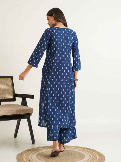 Block Printed A-Line Cotton Kurta Pant Chandni Set Indigo