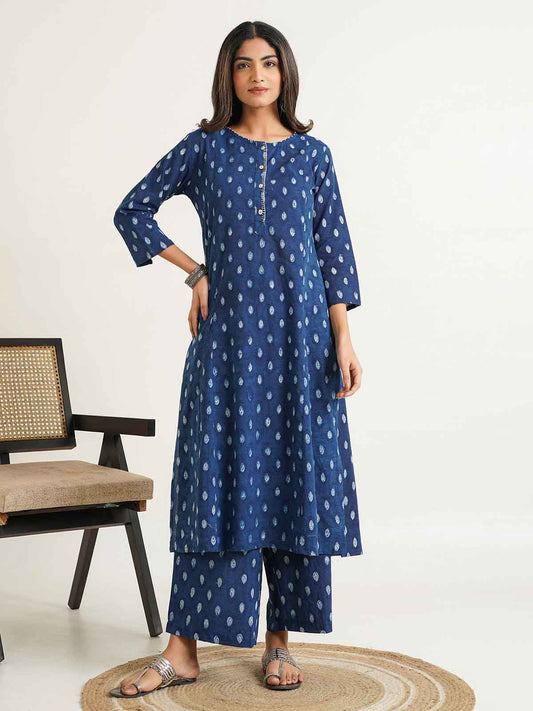 Block Printed A-Line Cotton Kurta Pant Chandni Set Indigo