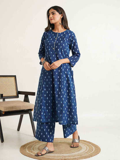 Block Printed A-Line Cotton Kurta Pant Chandni Set Indigo