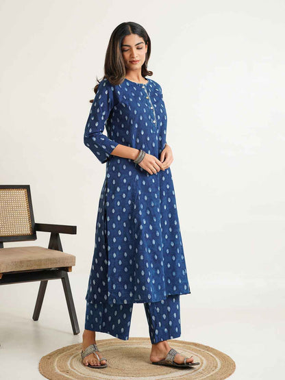 Block Printed A-Line Cotton Kurta Pant Chandni Set Indigo