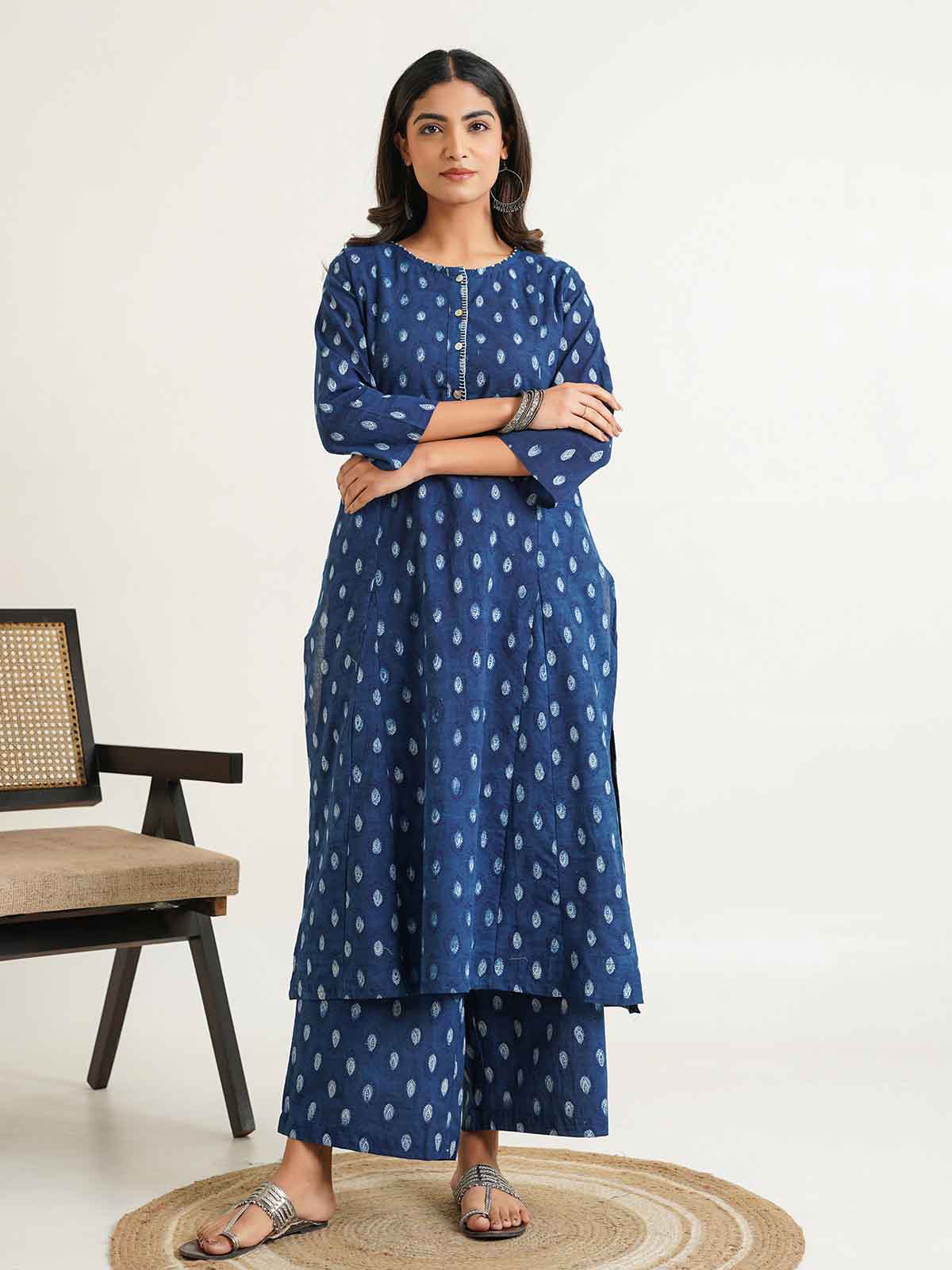 Block Printed A-Line Cotton Kurta Pant Chandni Set Indigo