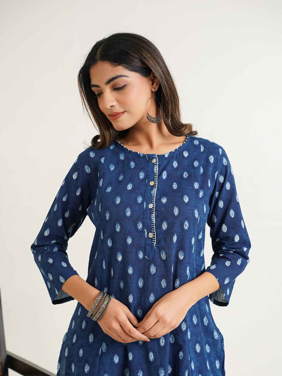 Block Printed A-Line Cotton Kurta Pant Chandni Set Indigo