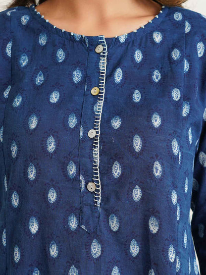 Block Printed A-Line Cotton Kurta Pant Chandni Set Indigo