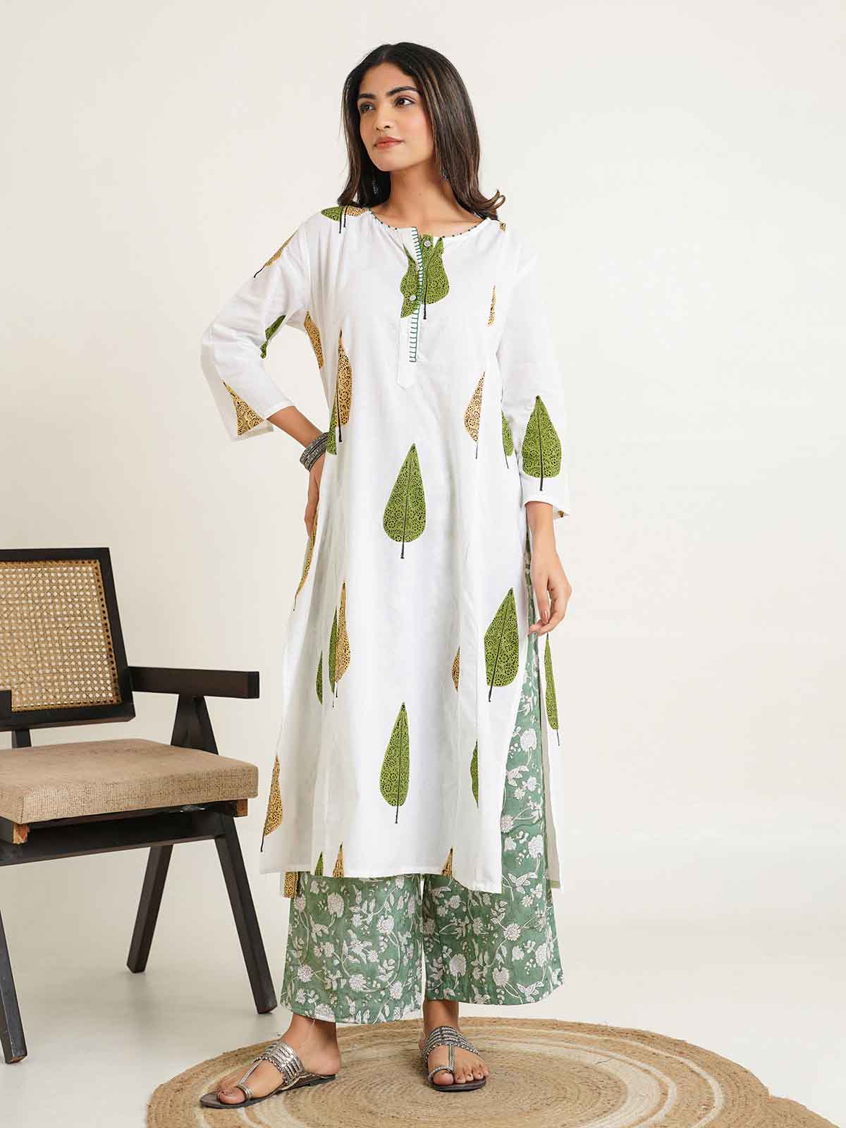 Block Printed A-Line Cotton Kurta Pant Chandni Set White Patti