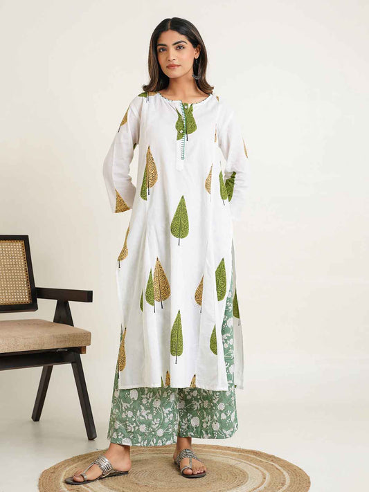 Block Printed A-Line Cotton Kurta Pant Chandni Set White Patti