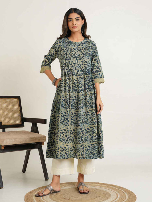 Block Printed A-Line Cotton Kurta Pant Ghazal Set Indigo