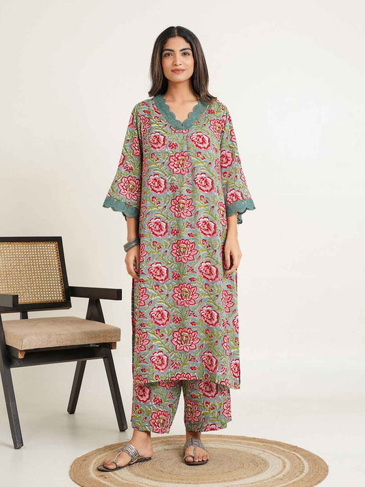 Block Printed Cotton Kurta Pant Bagiya Set Green