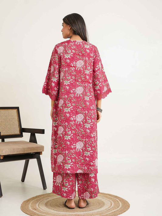 Block Printed Cotton Kurta Pant Bagiya Set Pink