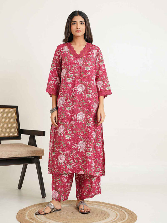 Block Printed Cotton Kurta Pant Bagiya Set Pink