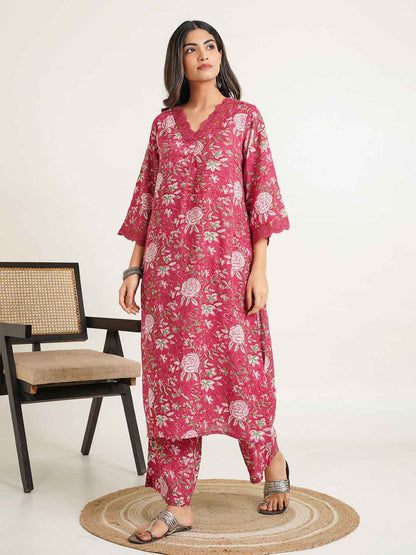 Block Printed Cotton Kurta Pant Bagiya Set Pink