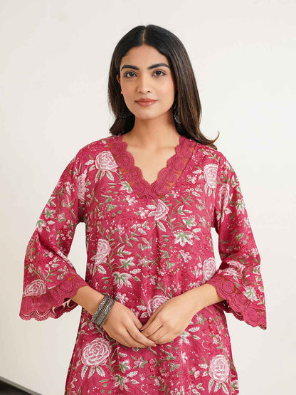 Block Printed Cotton Kurta Pant Bagiya Set Pink