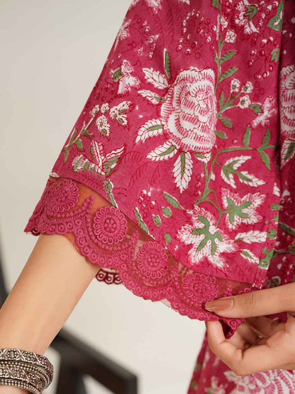 Block Printed Cotton Kurta Pant Bagiya Set Pink