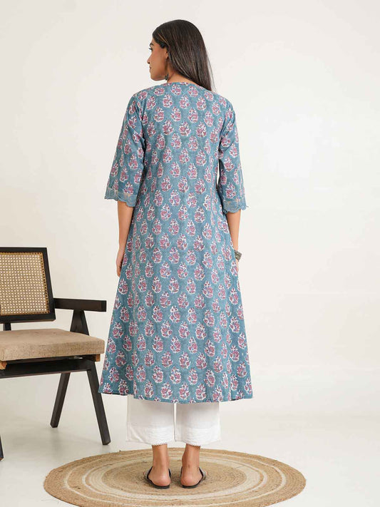 Block Printed A-Line Cotton Kurta Pant Ghazal Set Grey