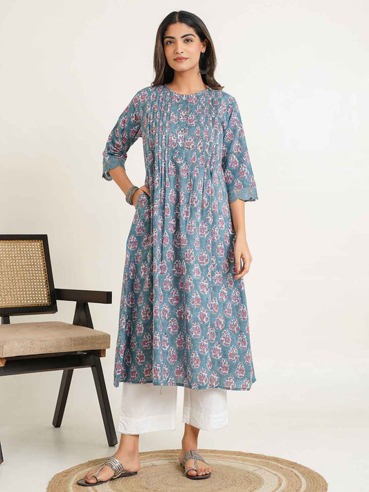 Block Printed A-Line Cotton Kurta Pant Ghazal Set Grey