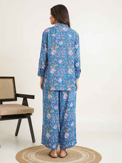 Block Printed Cotton Shirt Pant Meher Set Blue