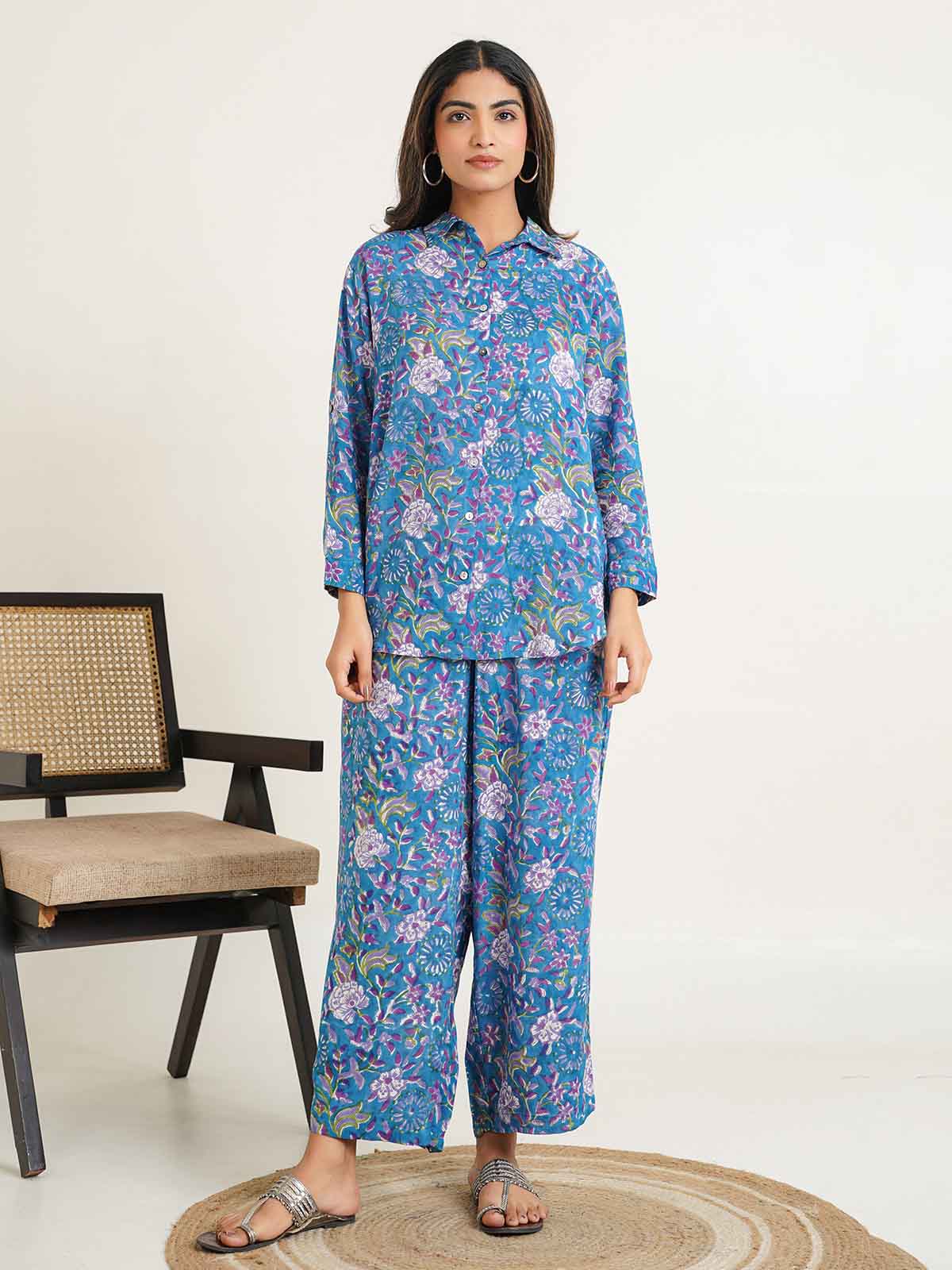 Block Printed Cotton Shirt Pant Meher Set Blue