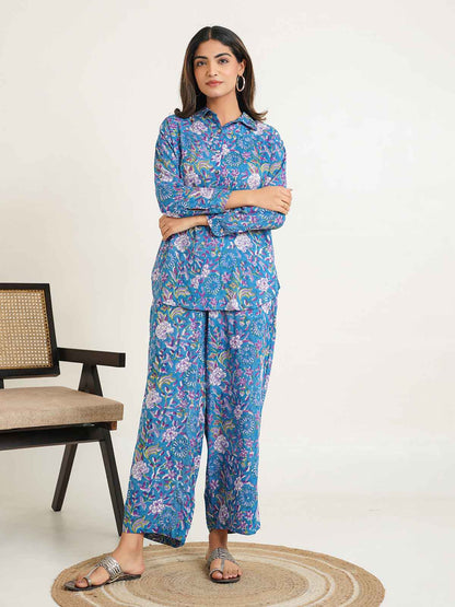 Block Printed Cotton Shirt Pant Meher Set Blue