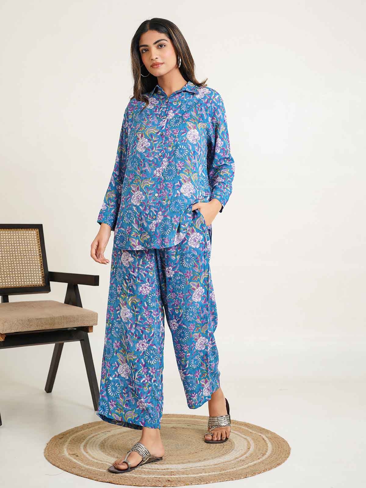 Block Printed Cotton Shirt Pant Meher Set Blue